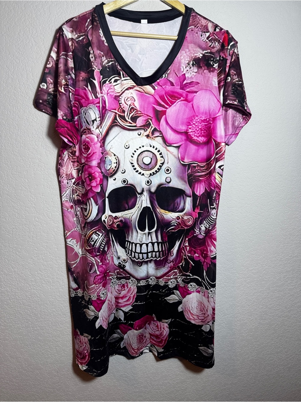 Skull Dress Womens L Pink Floral Sugar Skull Gothic Roses V Neck Halloween